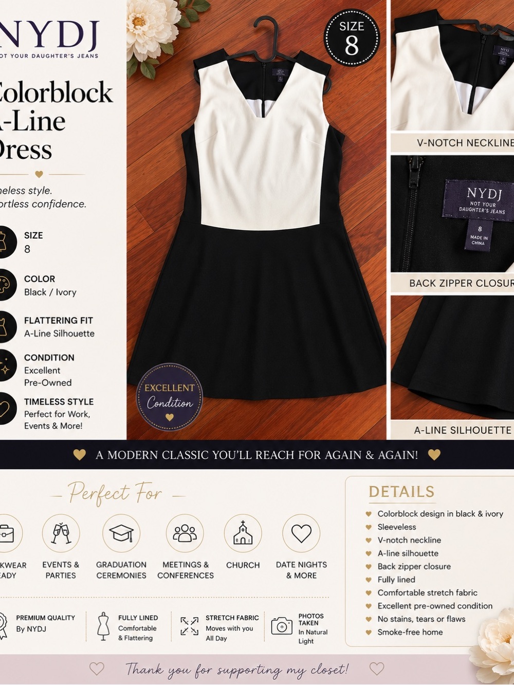 NYDJ Colorblock A-Line Dress Size 8 Black Ivory Career Cocktail